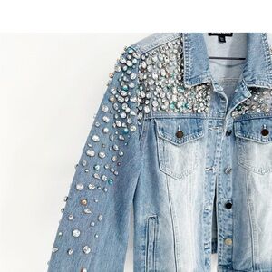 Boston Proper Pearl Jewel Embellished Denim Jacket Light Wash Blue Women's L